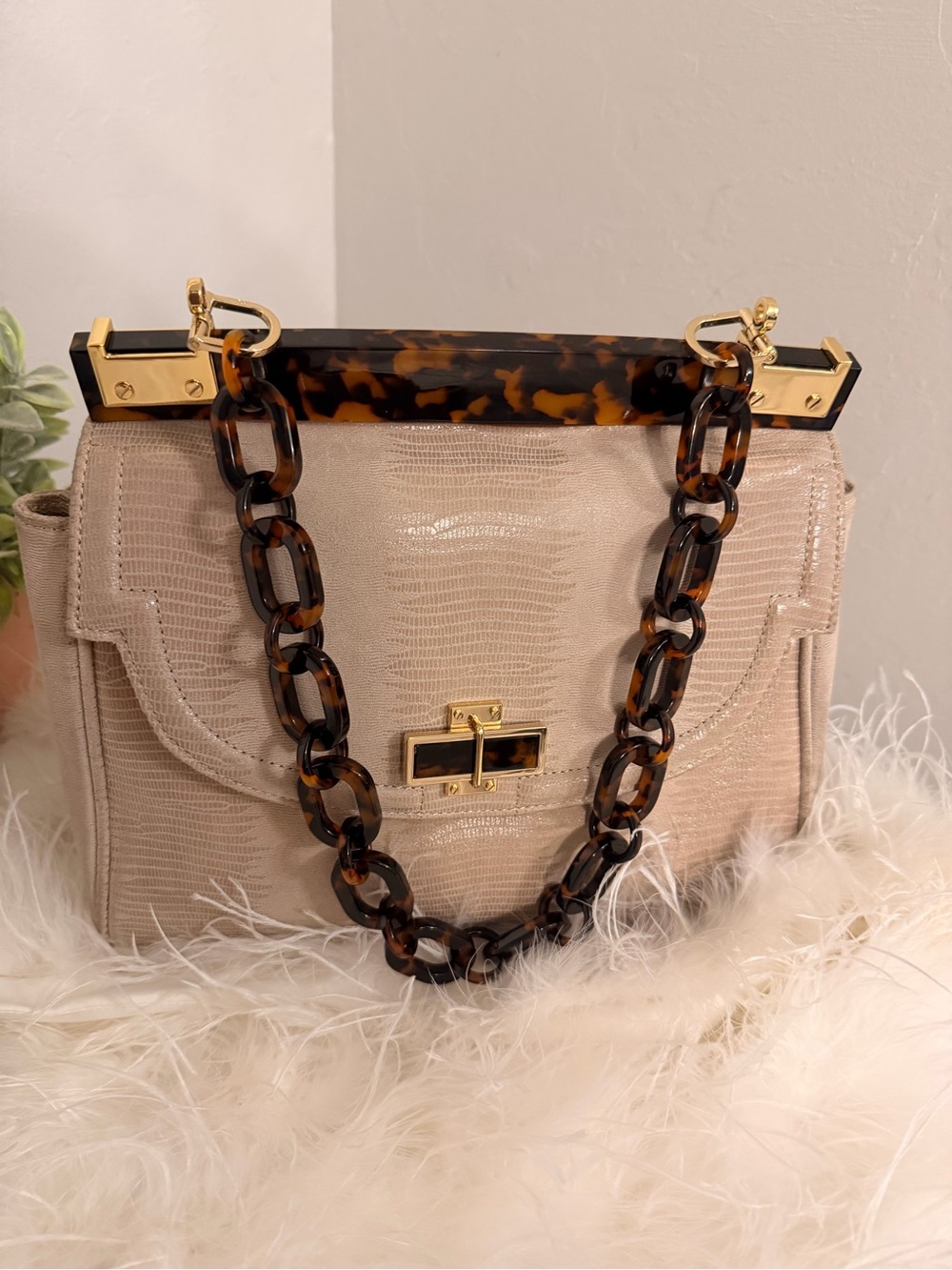 Tory Burch Lizard Embossed Shoulder Bag with Resin Tortoise Chain